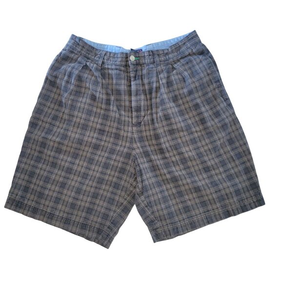 Tommy Hilfiger Mens Plaid Shorts 33 Brown Blue 60% Linen 40% Cotton Casual Summe - Picture 1 of 5